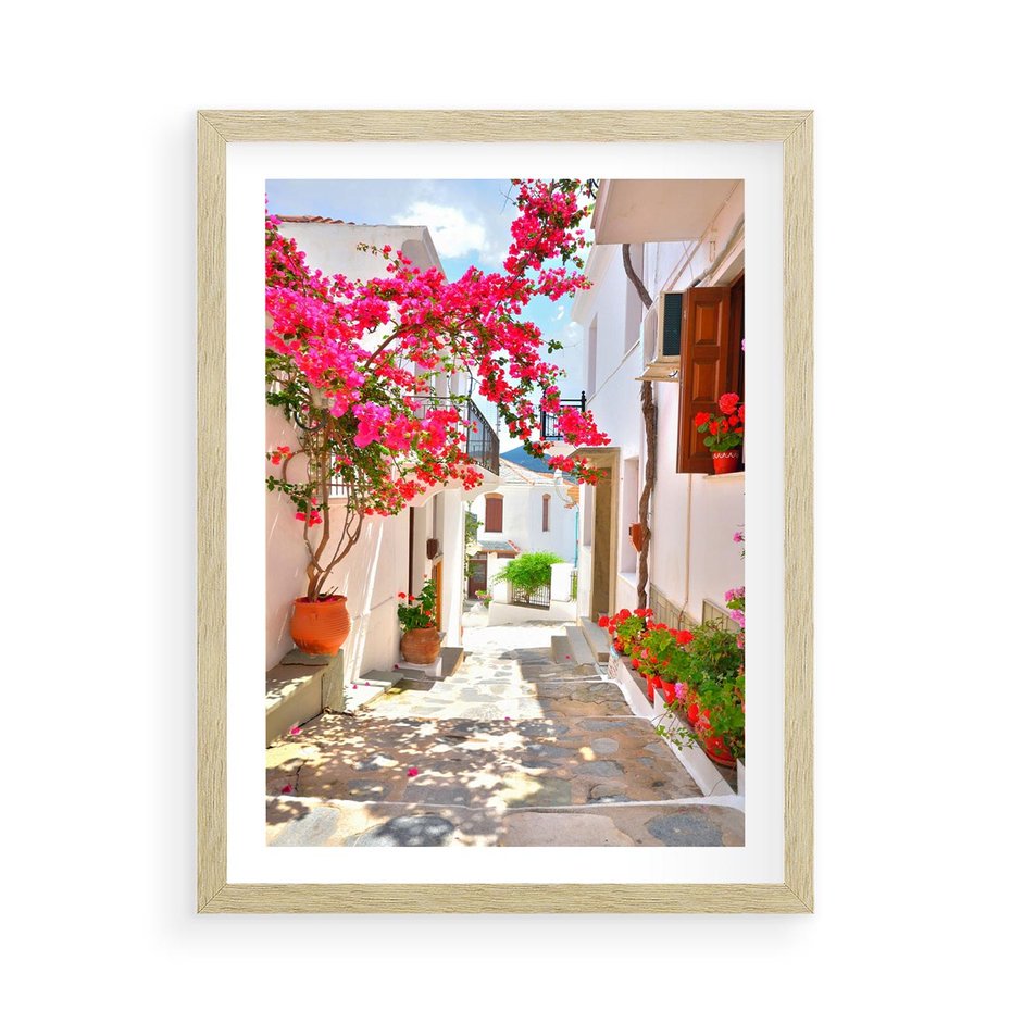 Plakat w ramie 50x70 - Kwiatowa uliczka wakacji - kwiaty, uliczka - rama drewno