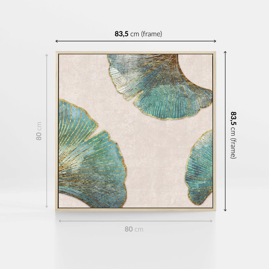 Obraz w ramie 80x80 - Złota Melodia Liści - złote, turkusowe liście miłorzębu - rama drewno