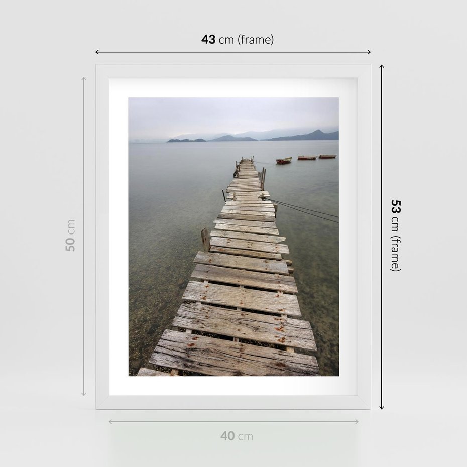 Plakat w ramie 40x50 - Jeziorne Refleksje - pomost, jezioro - rama biała