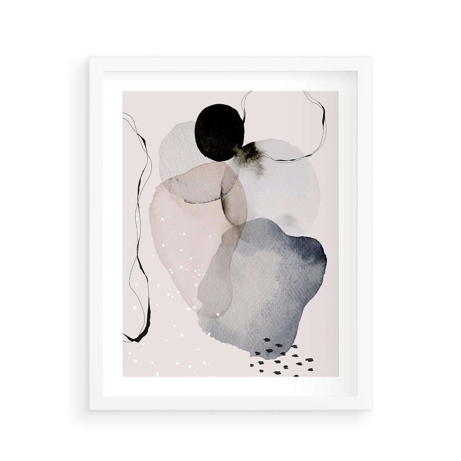 Plakat w ramie 40x50 - Migocące Barwy - abstrakcyjne plamy akwarelowe, czarny szkic - rama biała