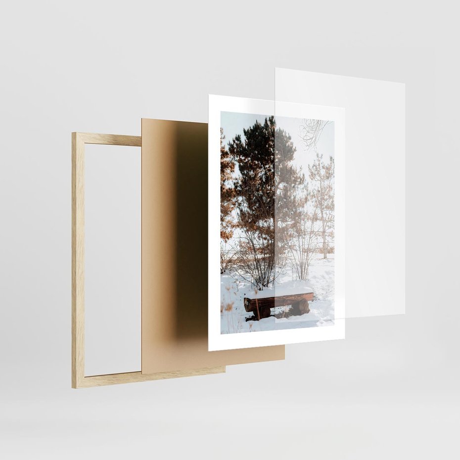 Plakat w ramie 30x40 - Ławka Pod Śniegiem - zimowy pejzaż, ławka pod śniegiem - rama drewno