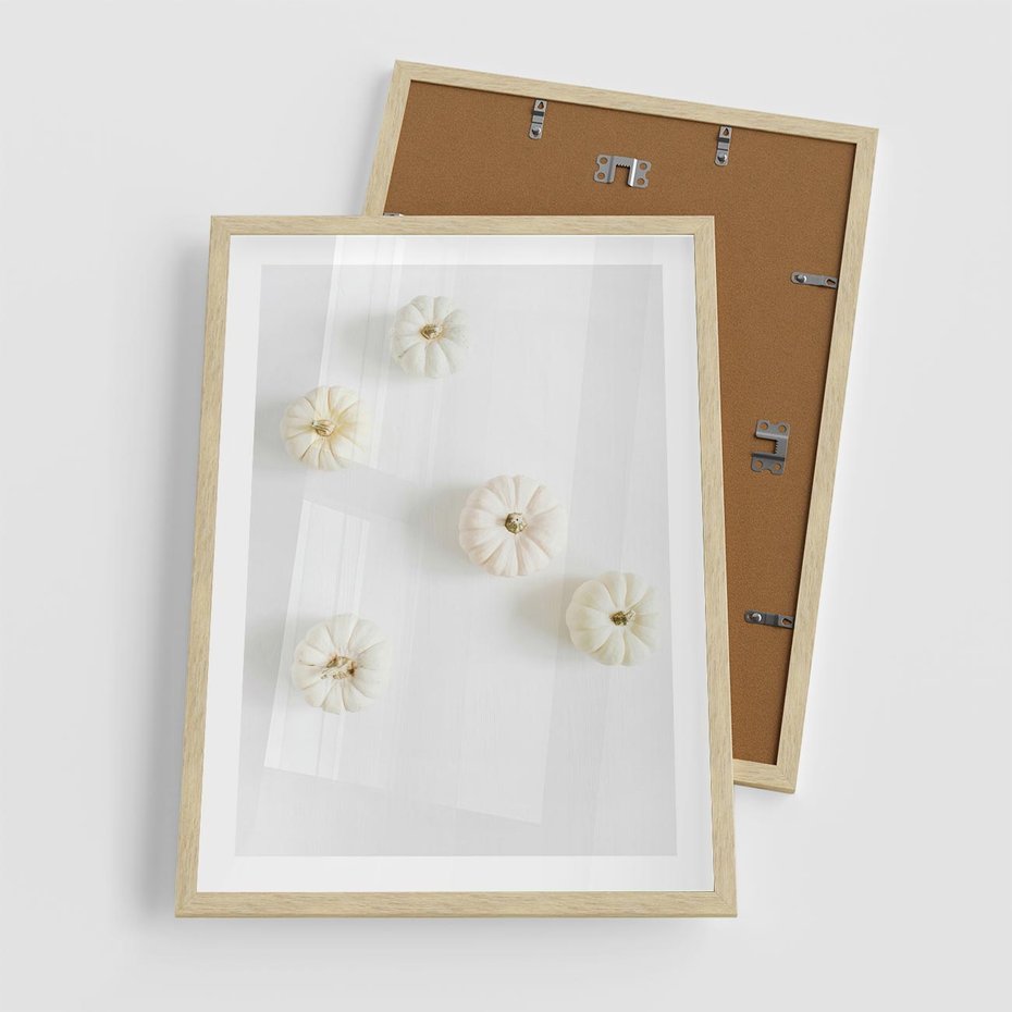 Plakat w ramie 50x70 - Biała Jesień: Dynie na Jasnym Tle - białe dynie, białe tło - rama drewno