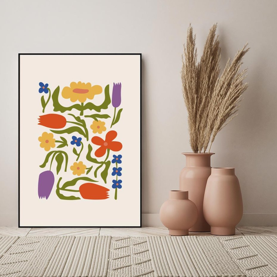 Obraz w ramie 70x100 - Minimalistyczna Harmonia - kwiaty, sztuka nowoczesna - rama czarna