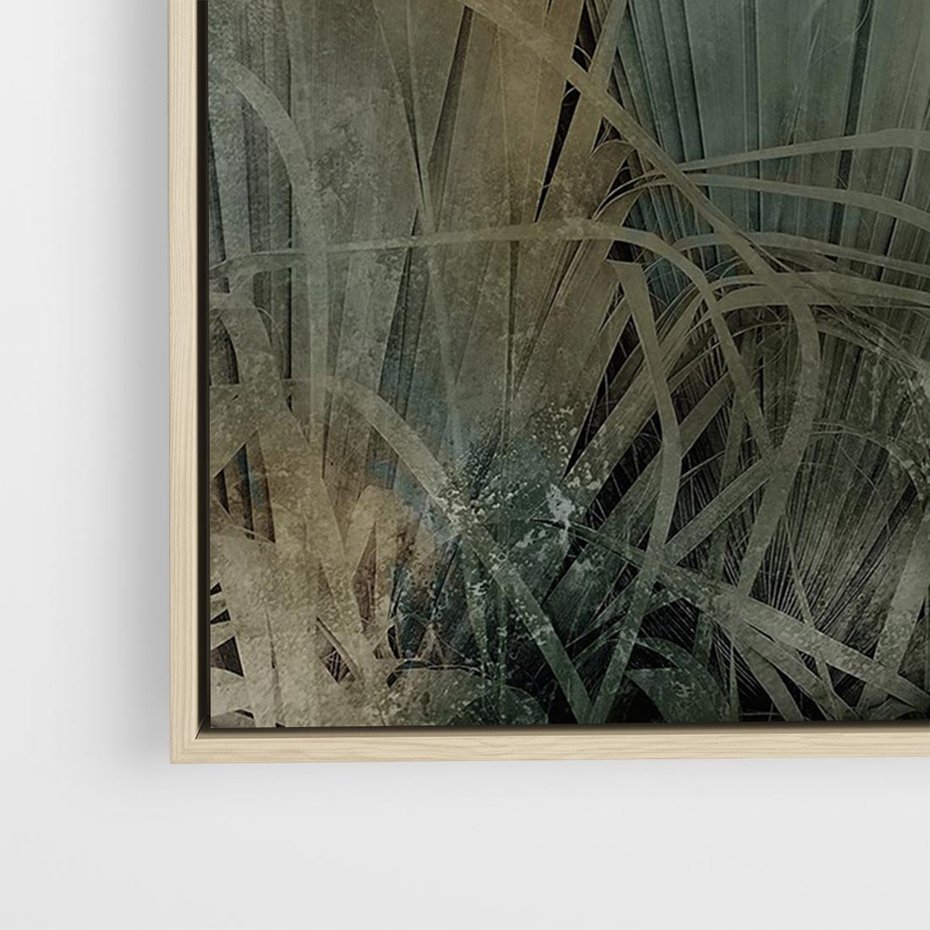 Obraz w ramie 100x70 - Światło w mroku duszy - liście traw, mroczny klimat - rama drewno
