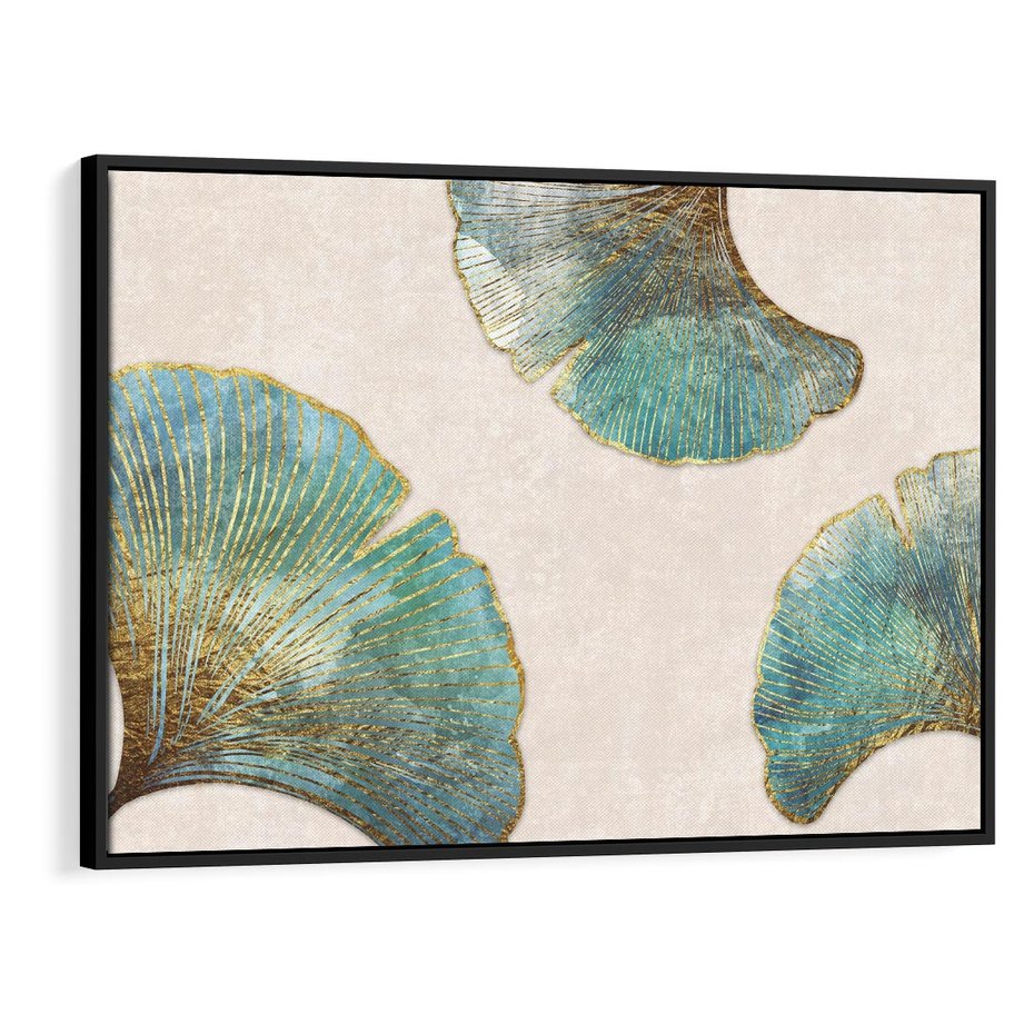 Obraz w ramie 100x70 - Złota Melodia Liści - złote, turkusowe liście miłorzębu - rama czarna
