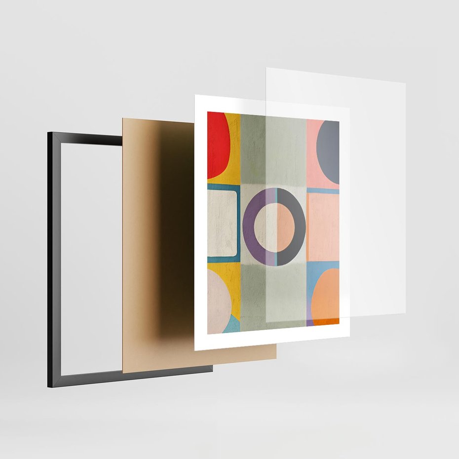 Plakat w ramie 40x50 - Taniec Kształtów Emocji - abstrakcyjne geometryczne kształty, olejny obraz - rama czarna