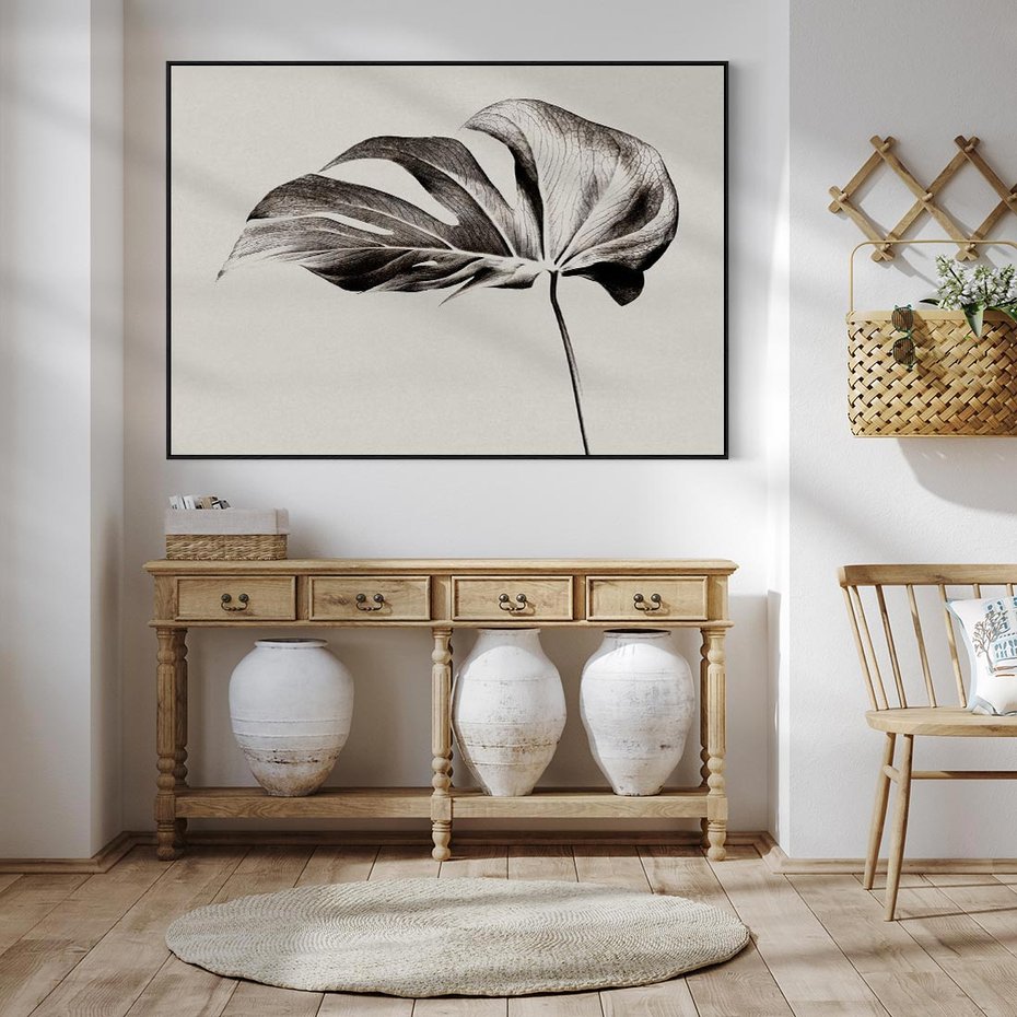 Obraz w ramie 100x70 - Szepczący Liść - szkic, czarno biały - rama czarna