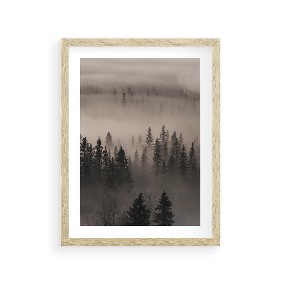 Plakat w ramie 30x40 - Mglista Opowieść Lasu - las, mgła - rama drewno