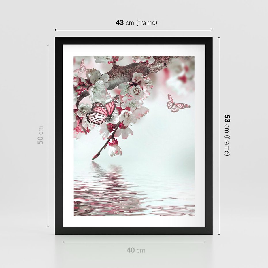 Plakat w ramie 40x50 - Kwiatowa baśń z motylami - kwiaty, motyle - rama czarna