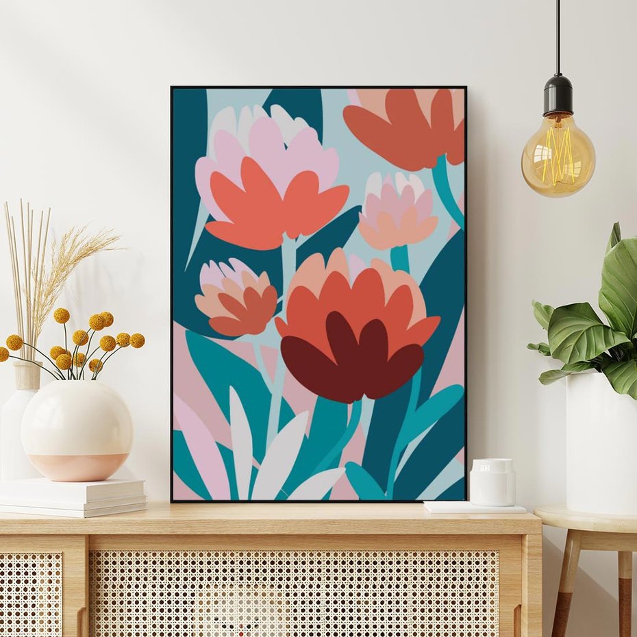 Obraz w ramie 70x100 - Symfonia Kwiatów - abstrakcyjna kompozycja kwiatowych form, kolor zgaszone - rama czarna