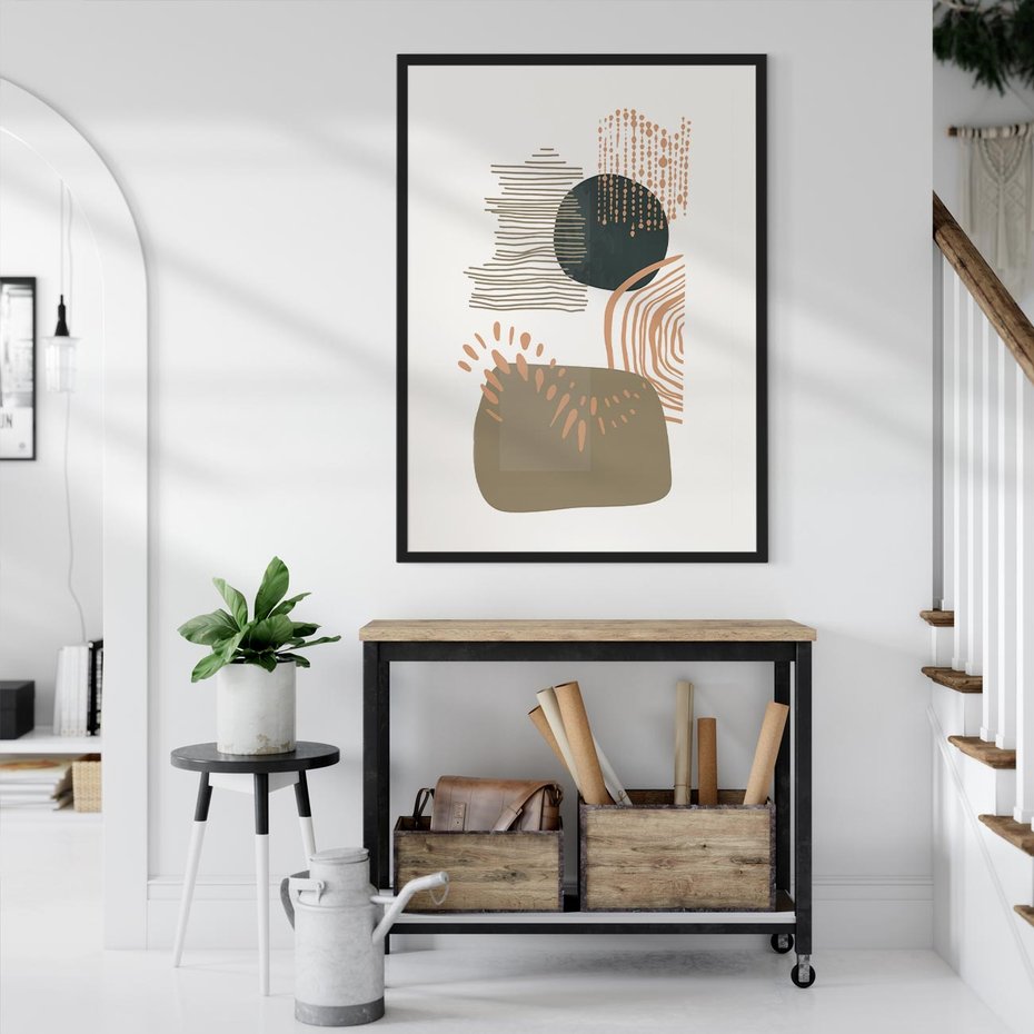 Plakat bez ramy 40x50 - Taniec Plam - abstrakcyjna kompozycja z kropek kresek i kółek, odcienie brązu i beżu