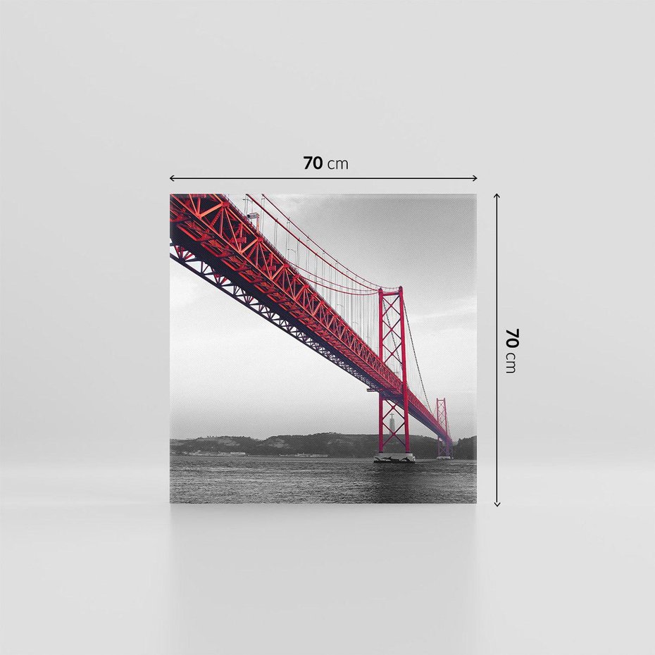 Obraz na płótnie 70x70 - Majestatyczny Most - czarno biała fotografia, czerwony stalowy most nad rzeką