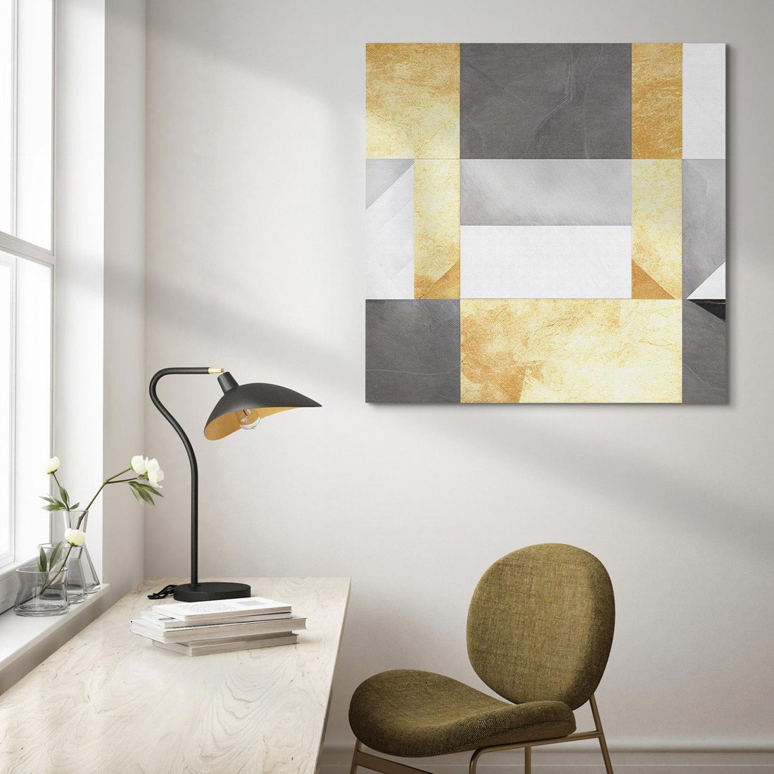 Obraz na płótnie 50x50 - Marmur w Geometrycznych Kształtach - geometryczne linie, złoto i szarość
