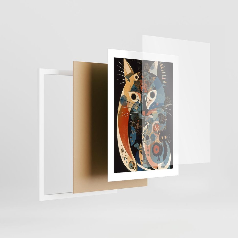 Plakat w ramie 30x40 - Księga Surrealnych Wymiarów - abstrakcyjny obraz olejny, kot - rama biała