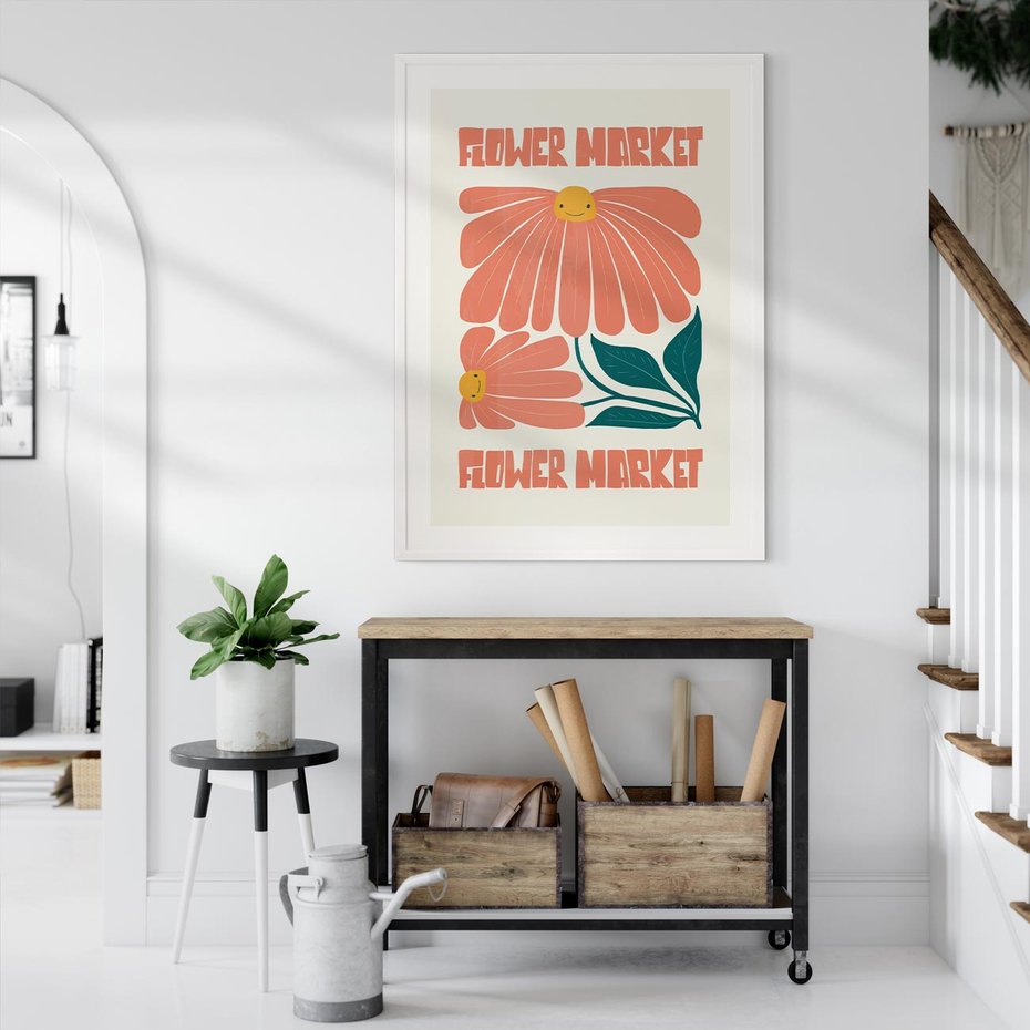 Plakat w ramie 30x40 - Retro Radość - typografia, wesołe kwiaty - rama biała