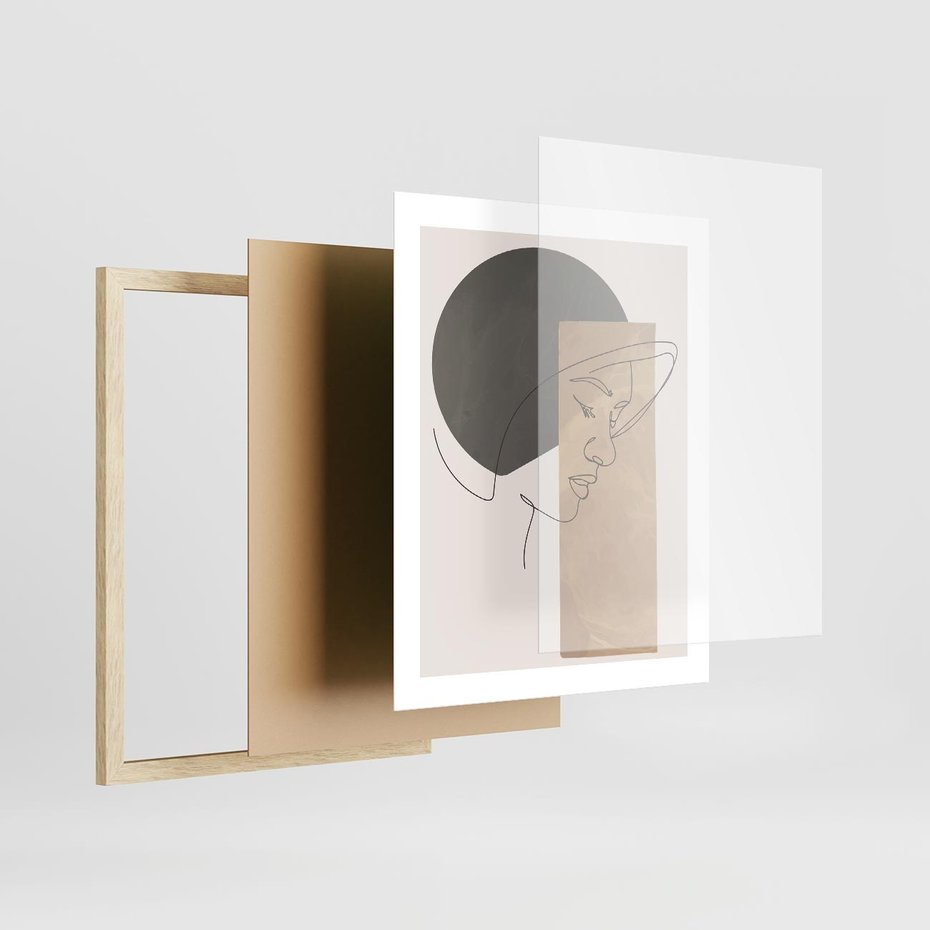 Plakat w ramie 40x50 - Jedną Linią: Kobieca Twarz - abstrakcja, plamy w tle - rama drewno