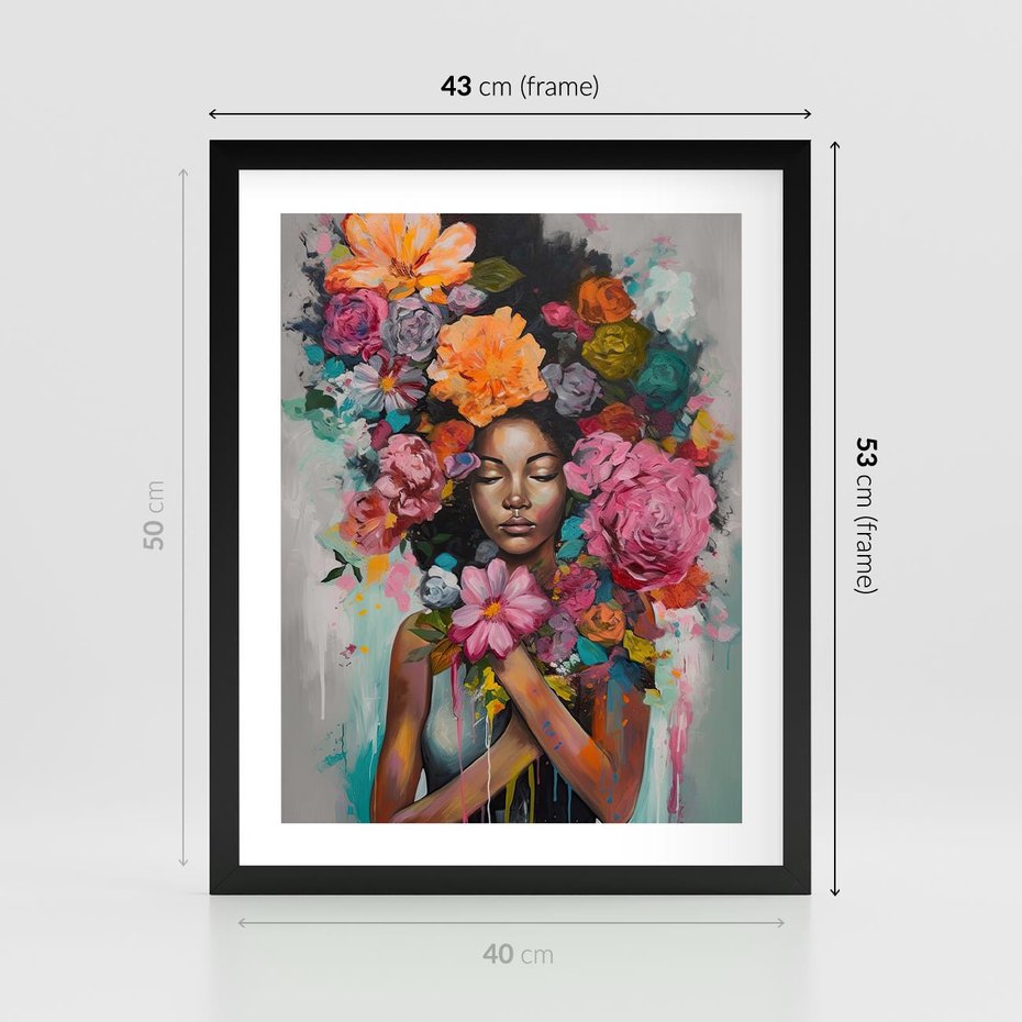 Plakat w ramie 40x50 - Z Głową w Kwiatach - obraz olejny, sztuka nowoczesna - rama czarna
