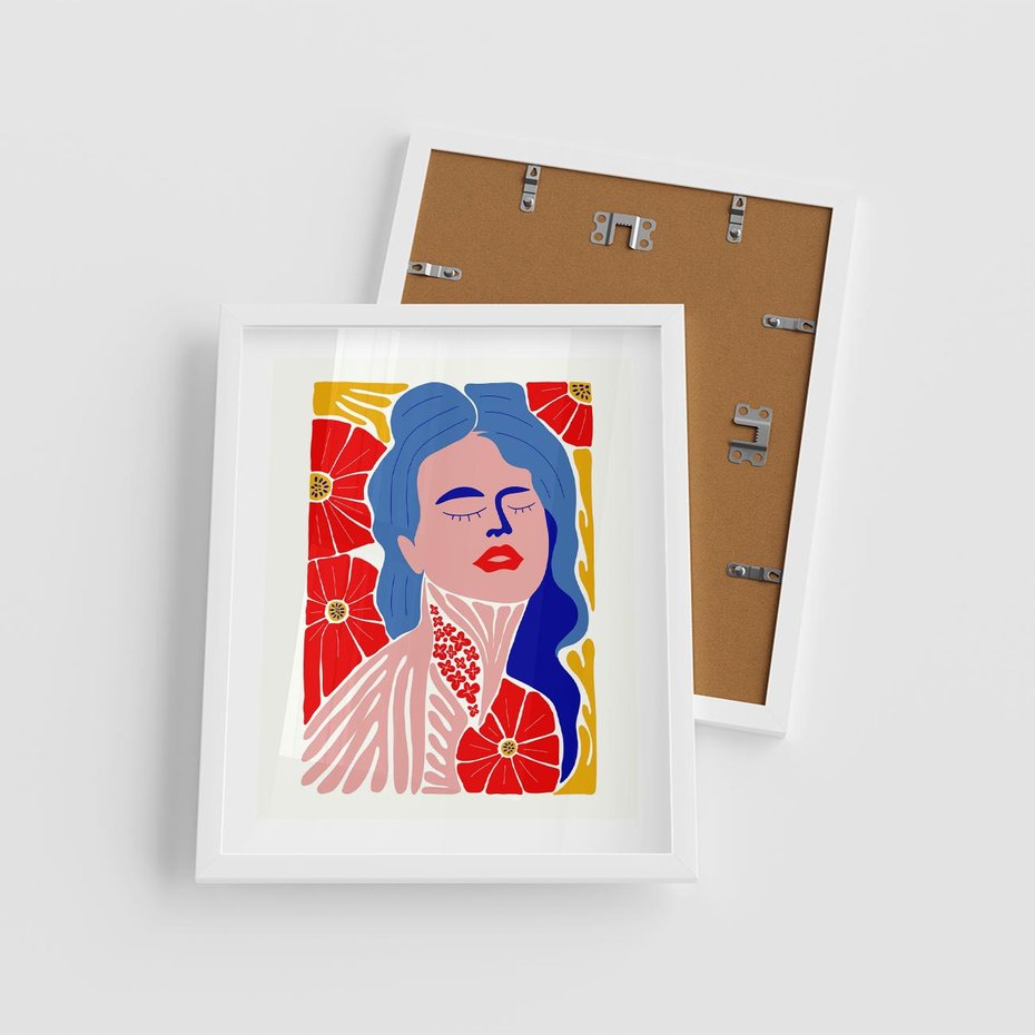 Plakat w ramie 40x50 - Nowoczesna Twarz - nowoczesna grafika, kolorowa twarz kobiety - rama biała