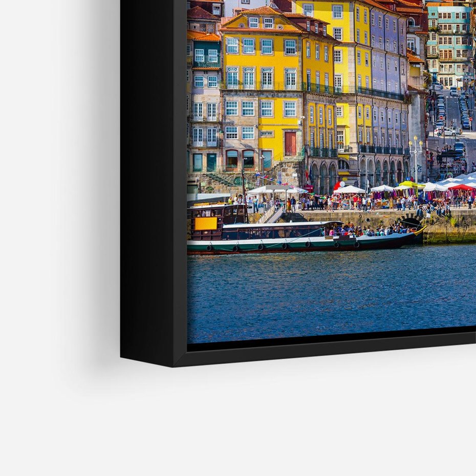 Obraz w ramie 50x50 - Kolorowa Przystań - nadmorskie miasto, kolorowe budynki - rama czarna