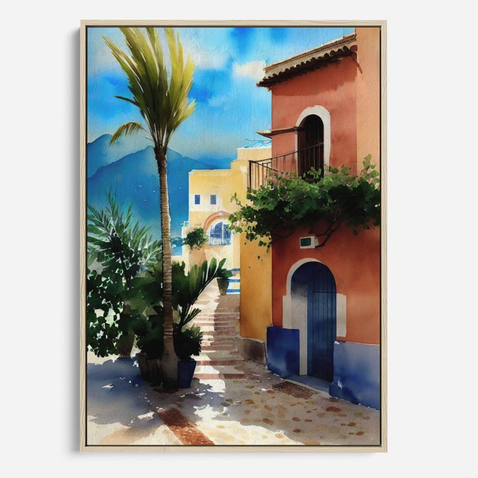 Obraz w ramie 70x100 - Spokój Miasta nad Morzem - akwarela, sródziemnomorski klimat - rama drewno