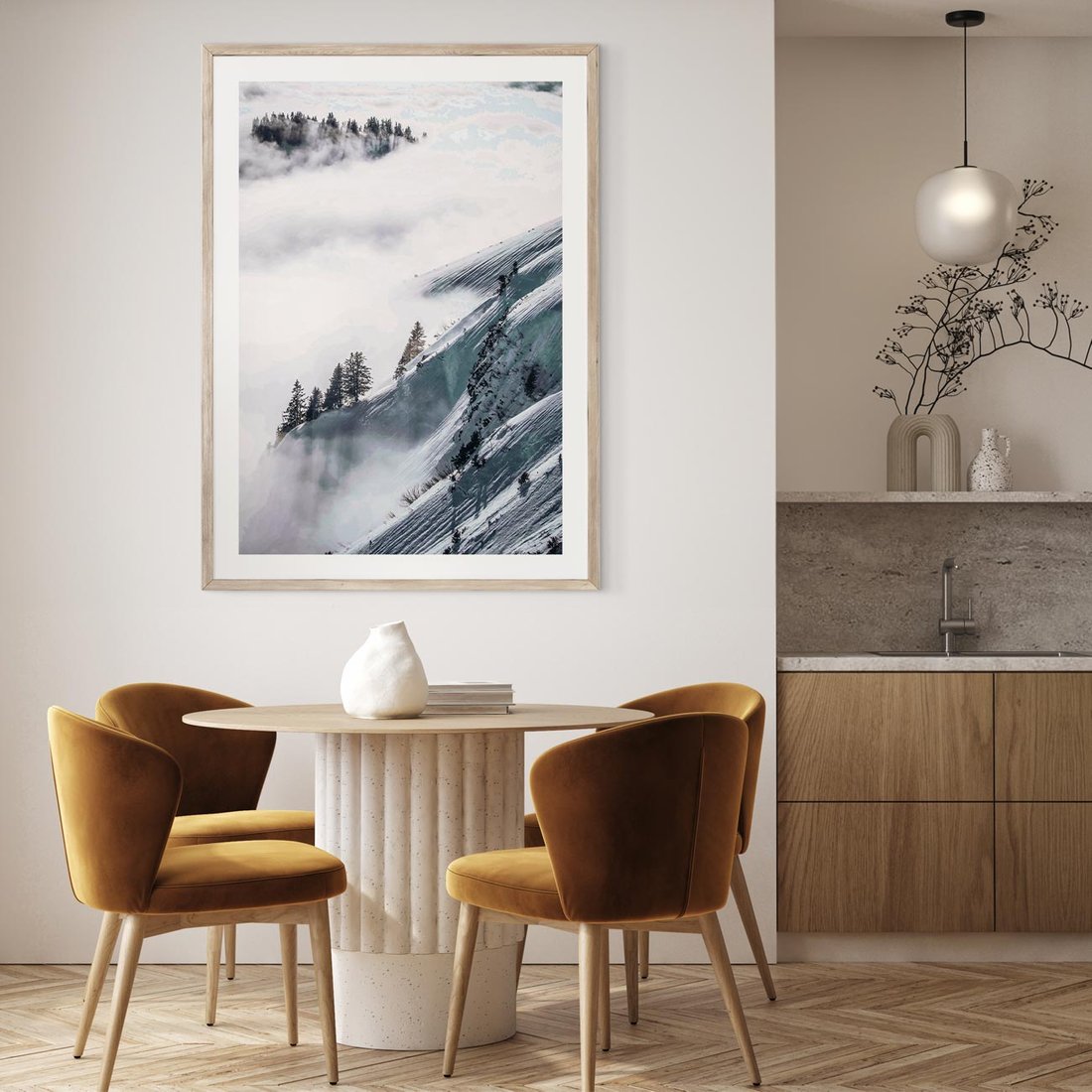 Plakat w ramie 30x40 - Czystość Natury - ośnieżone szczyty górskie, pejzaż - rama drewno