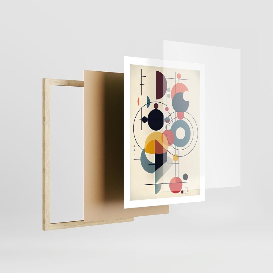 Plakat w ramie 50x70 - Rozbijające Barwne Granice - abstrakcyjna geometryczna kompozycja, koła linie - rama drewno