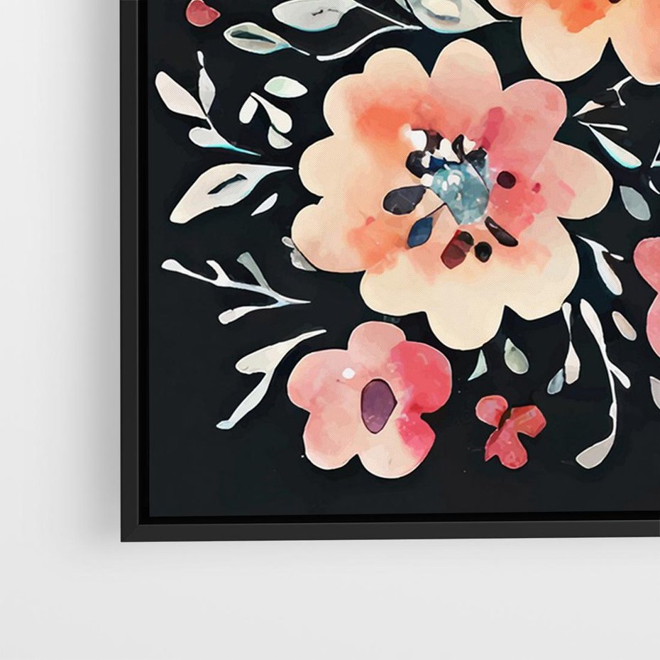 Obraz w ramie 70x50 - Labirynty melancholii - akwarelowe, pastelowe kwiaty na czarnym tle - rama czarna