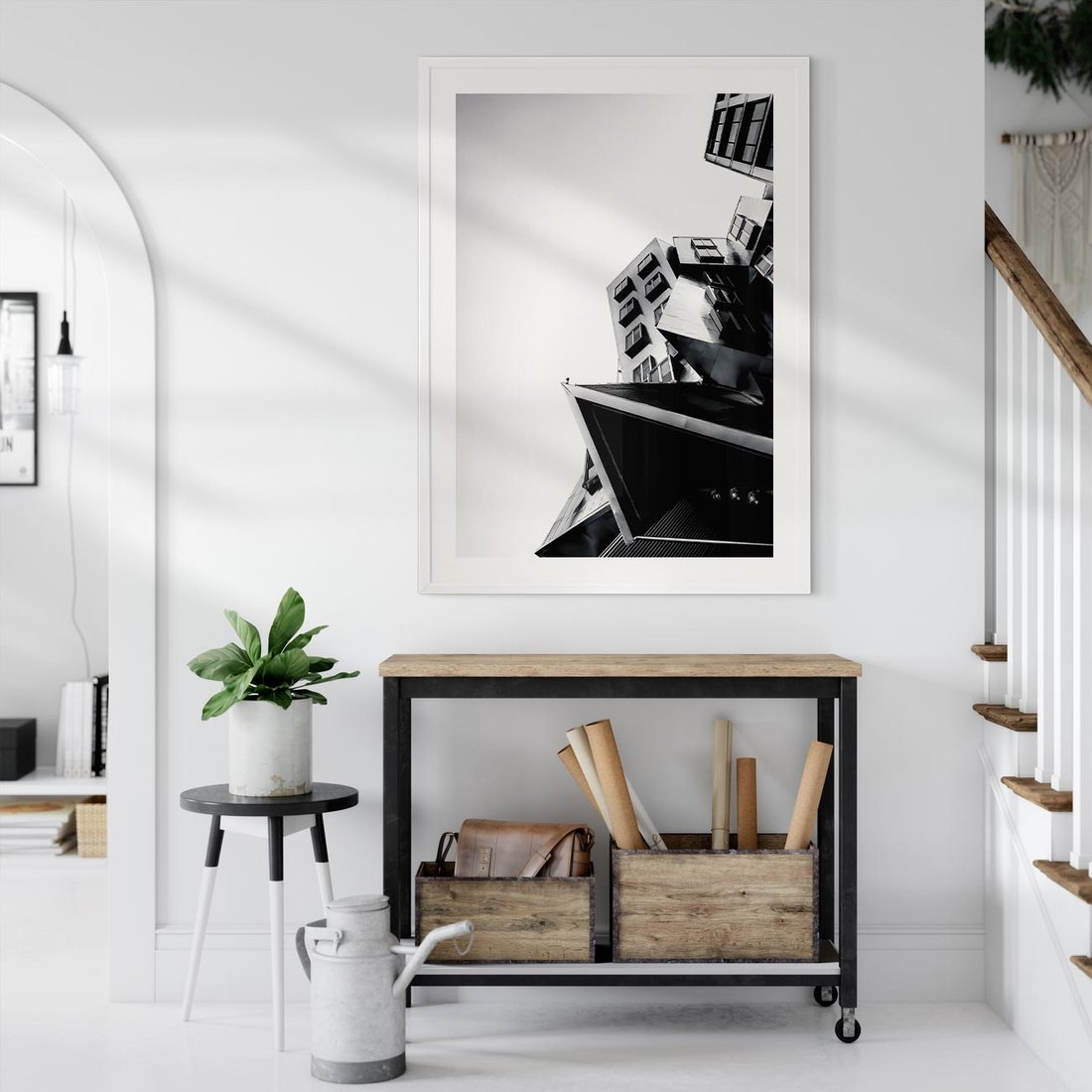 Plakat w ramie 50x70 - Czarno-Biały Świat - architeltura, surowość - rama biała