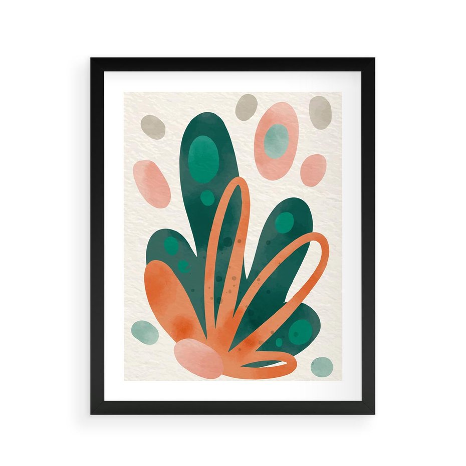 Plakat w ramie 40x50 - Harmonia bez Harmonii - akwarelowe abstrakcyjne kształty, zieleń i pomarańcz - rama czarna