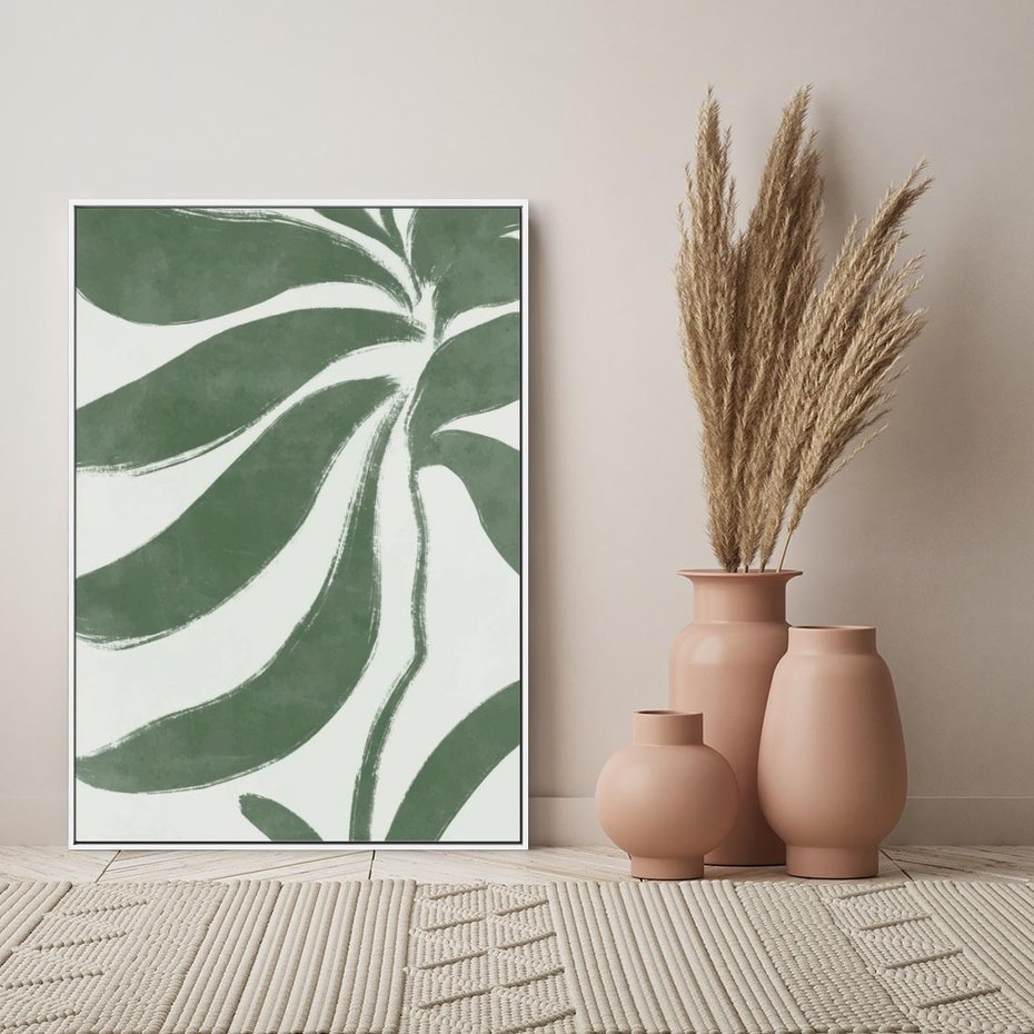Obraz w ramie 50x70 - Zieleń Wewnętrznego Spokoju - zielony plakat, roślinne inspiracje - rama biała
