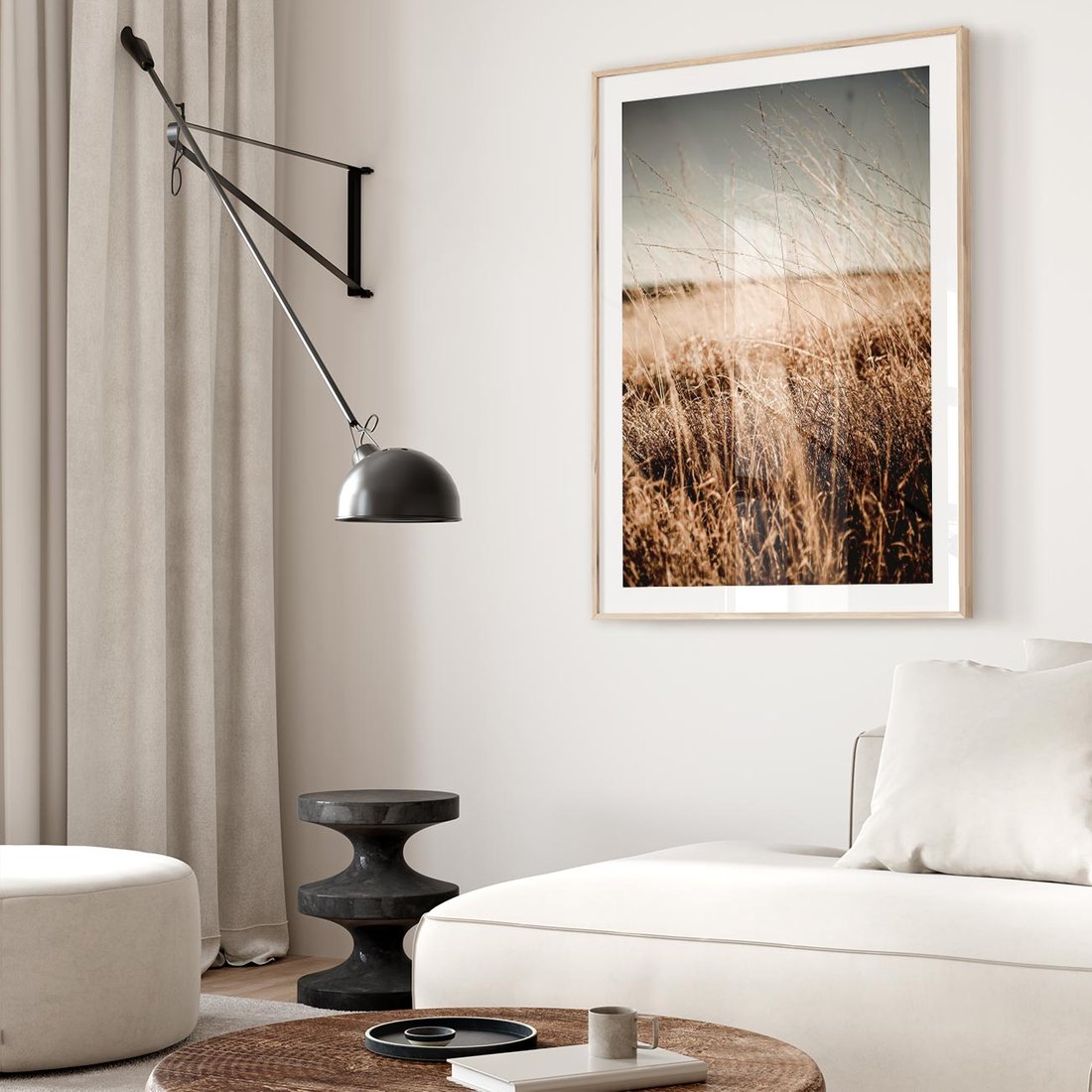 Plakat w ramie 50x70 - Sucha Trawa w Odcieniach Sepii - suche trawy, łąka odcienie beżu - rama drewno