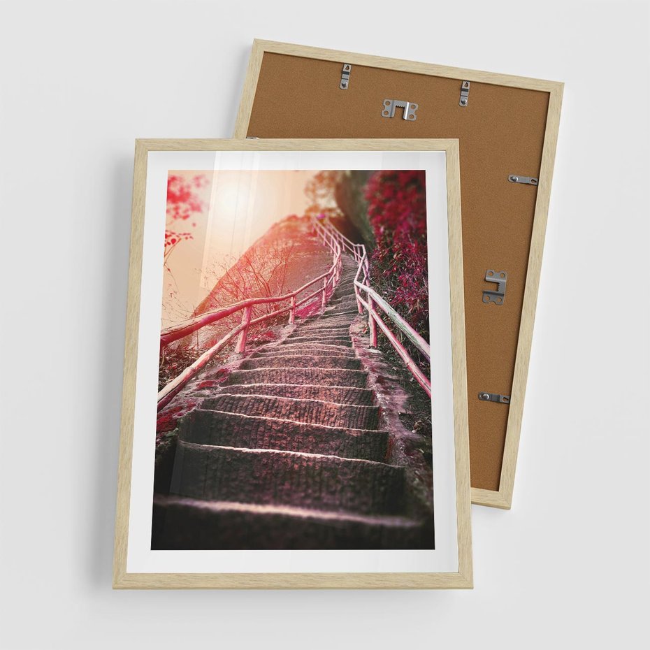 Plakat w ramie 50x70 - Schody prowadzące do nieznanych ścieżek - schody, ścieżka - rama drewno