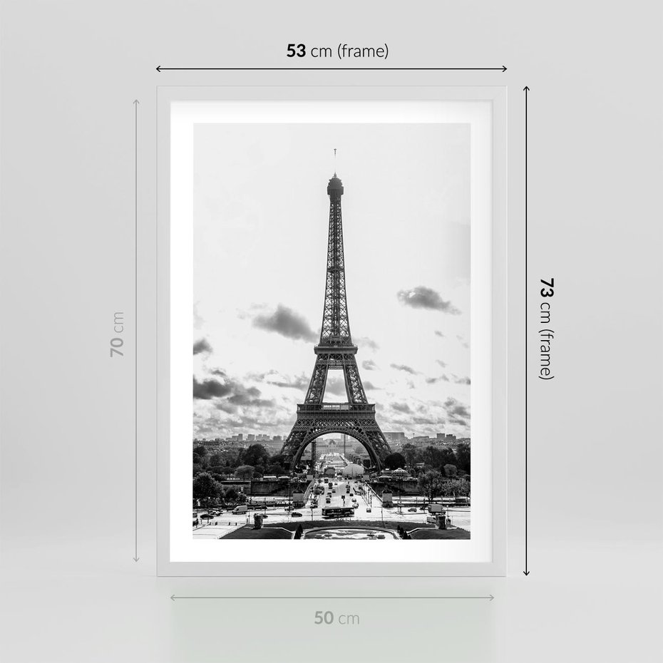 Plakat w ramie 50x70 - Wieża Eiffla - czarno białe zdjecie, wieża eiffla - rama biała