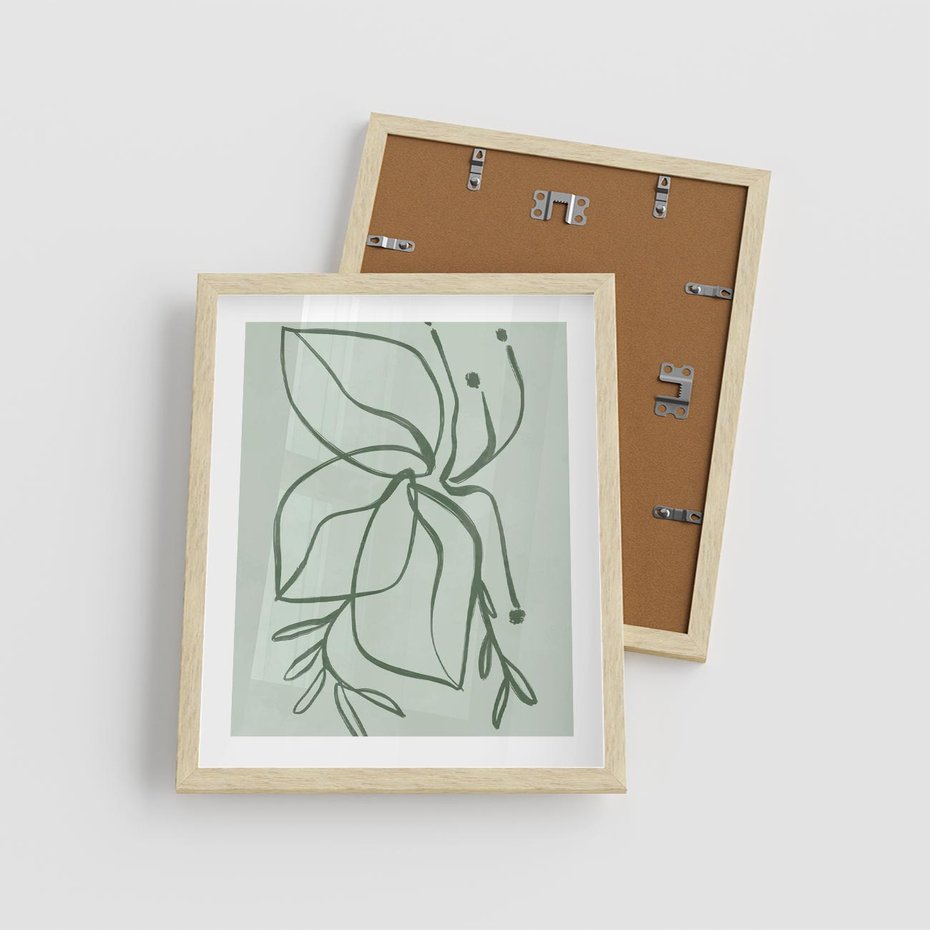 Plakat w ramie 40x50 - Energetyczne Odrodzenie Natury - abstrakcyjne delikatne zielone linie, podobne do gałęzi kwiatów - rama drewno