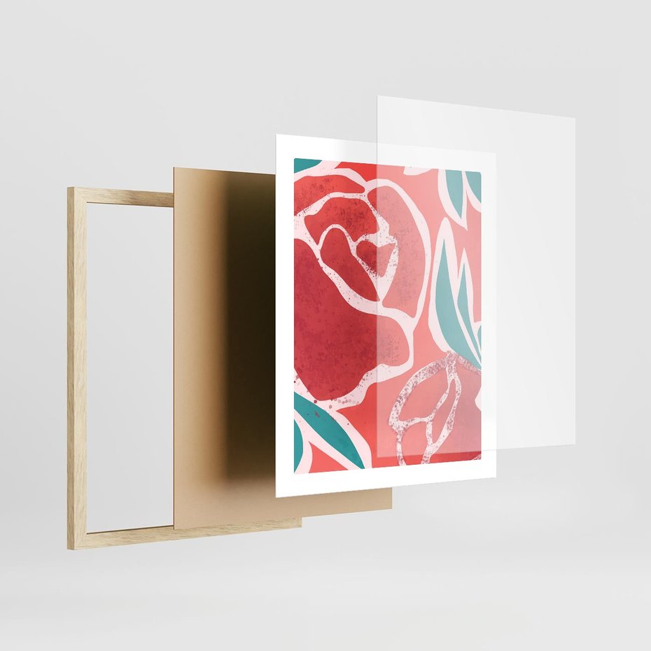 Plakat w ramie 40x50 - Rozkwitające Kształty - nowoczesny plakat, abstrakcyjne róże - rama drewno