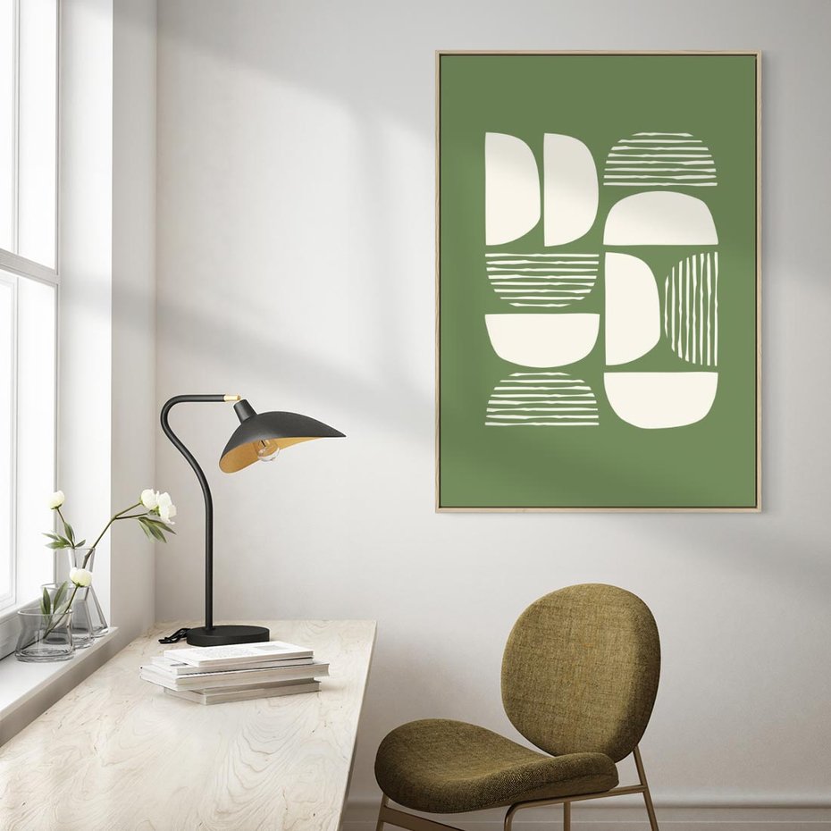 Obraz w ramie 70x100 - Migotliwe Formy - geometryczne boho kształty na brązowym, oliwkowym tle - rama drewno