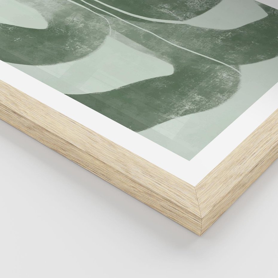 Plakat w ramie 30x40 - Nurtująca Kompozycja Zieleni - abstrakcyjne delikatne zielone linie, podobne do gałęzi kwiatów - rama drewno