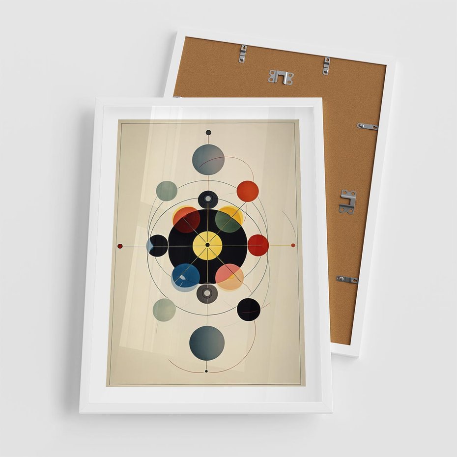 Plakat w ramie 50x70 - Bezgraniczny Taniec Światła - abstrakcyjna geometryczna kompozycja, koła linie - rama biała