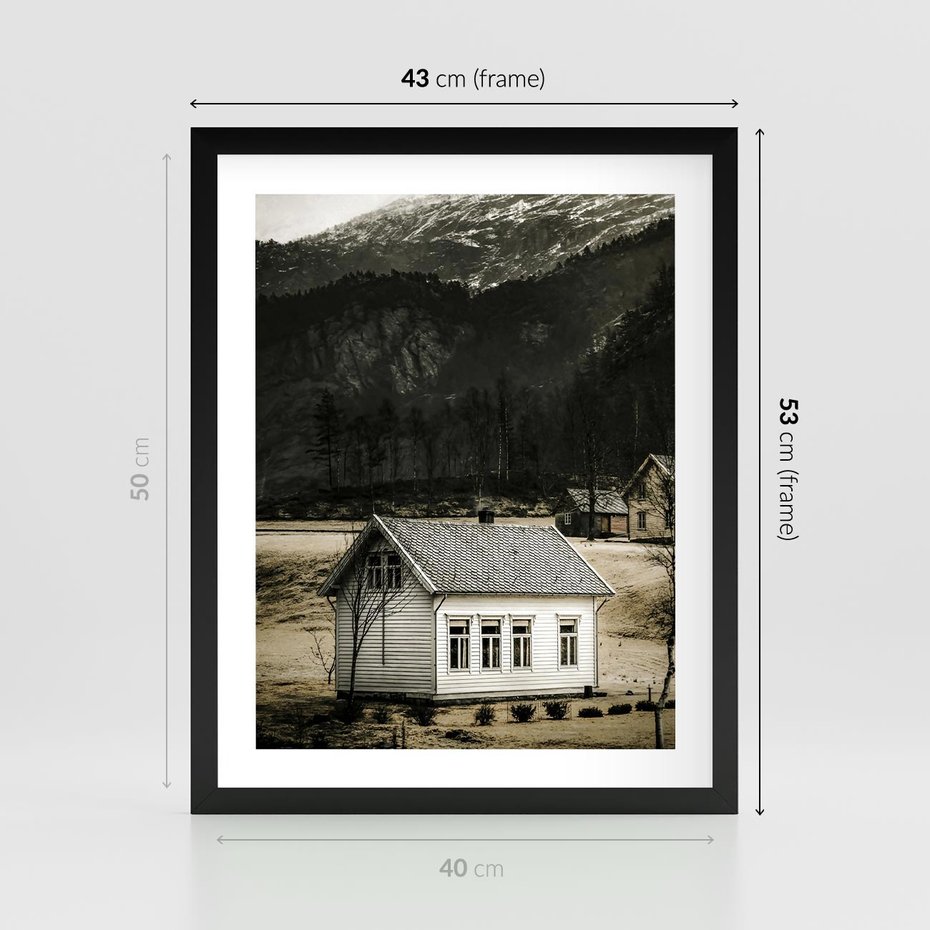 Plakat w ramie 40x50 - Ciepło i Urok Górskiego Domku - domek w górach, sepia - rama czarna