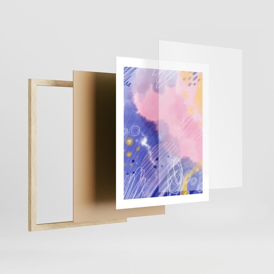 Plakat w ramie 40x50 - Migocące Granice Kształtów - abstrakcyjny plakat, pastelowe kolory - rama drewno