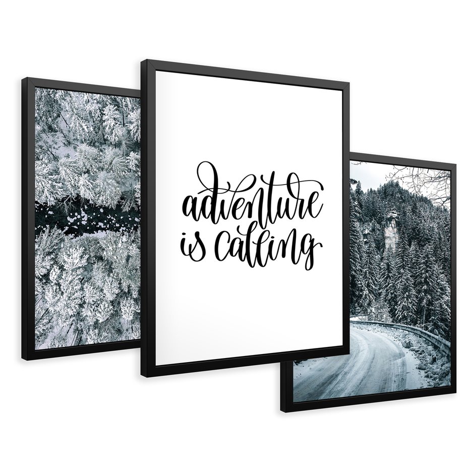 Zestaw obrazy w ramie 50x70 galeria - Zimowa, przygoda, cytat, typografia - rama czarna