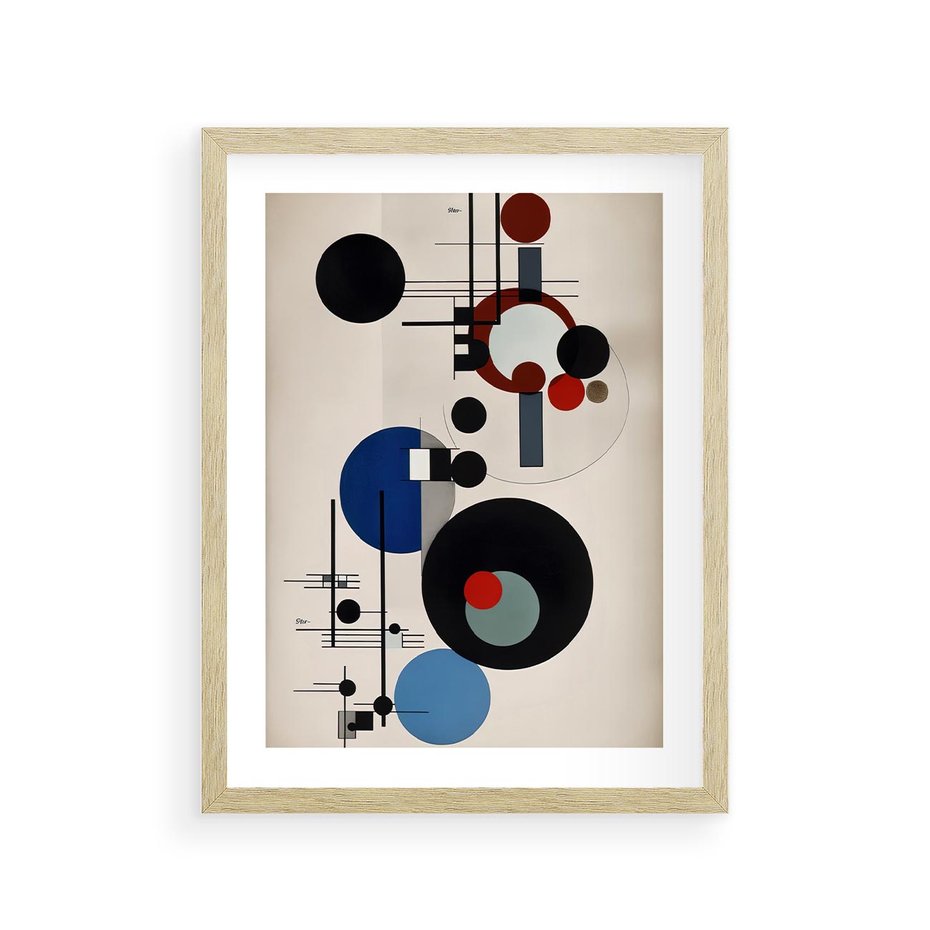 Plakat w ramie 30x40 - Rozkwitające Wibracje Wyobraźni - abstrakcyjna geometryczna kompozycja, koła linie - rama drewno