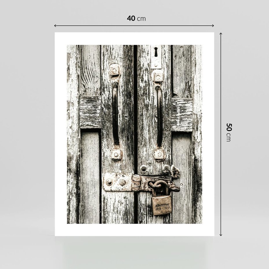 Plakat bez ramy 40x50 - Retro Drzwi: Zamknięta Tajemnica - stare drzwi, kłódka
