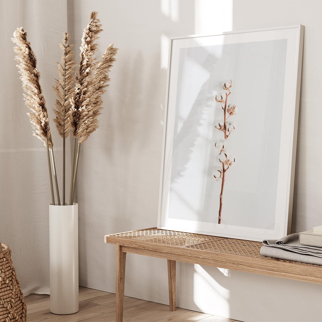 Plakat w ramie 50x70 - Minimalistyczna Gałązka Bawełny - bawełna, gałązka bawełny - rama biała