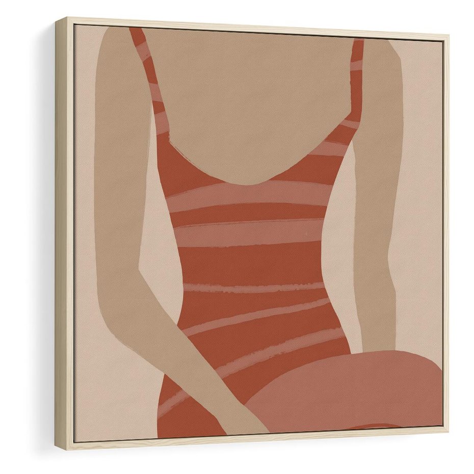 Obraz w ramie 50x50 - Kobiece Retro - minimalistyczny boho plakat, retro kobieta w stroju kąpielowym - rama drewno