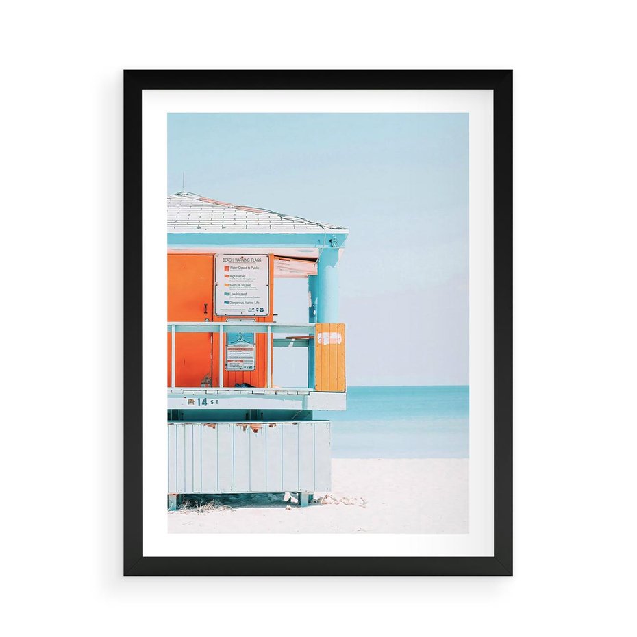 Plakat w ramie 50x70 - Letnia Idylla - plaża, domek na plaży - rama czarna