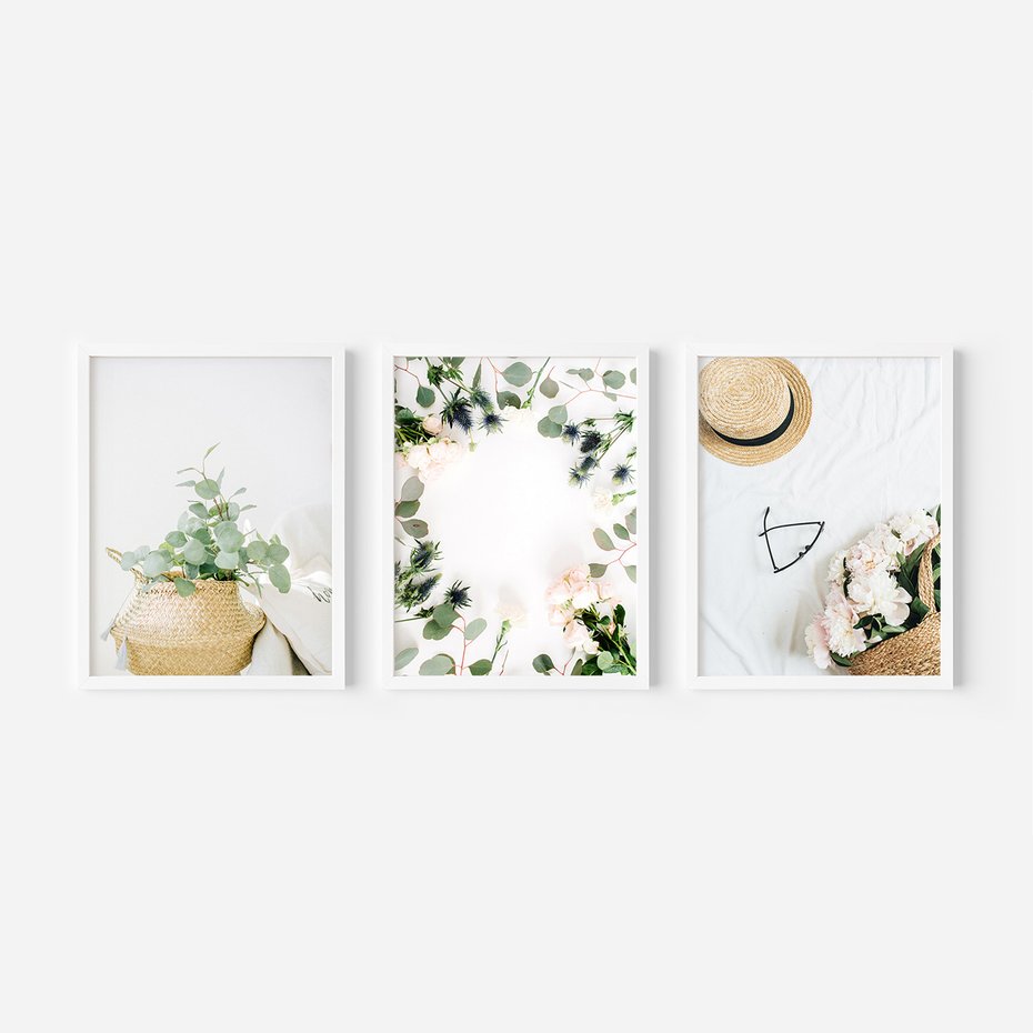 Zestaw obrazy w ramie 40x50 galeria - Kwiaty, koszyk, minimalizm, prostota - rama biała