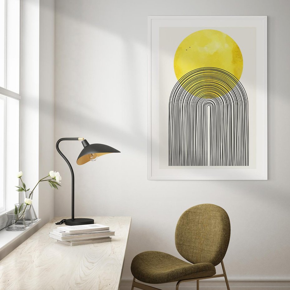 Plakat w ramie 30x40 - Słoneczne Odbicia - geometria, żółte koło - rama biała