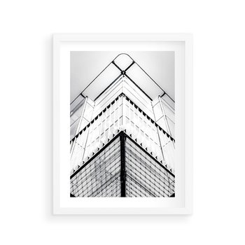 Plakat w ramie 30x40 - Elegancja Współczesnej Architektury: Wieżowiec w Monochromii - nowoczesna architektura, czarno biała fotografia - rama biała