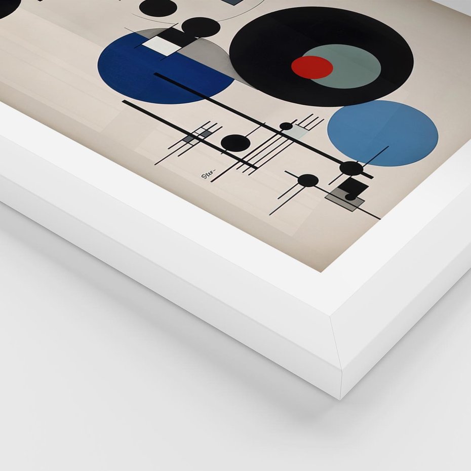 Plakat w ramie 40x50 - Rozkwitające Wibracje Wyobraźni - abstrakcyjna geometryczna kompozycja, koła linie - rama biała